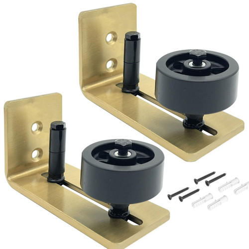 Rio Salto Gold Barn Door Floor Guide 2-Pack Hardware Kit Adjustable Width Sliding Hardware Modern Barn Interior Gold Brushed Brass Panel Light Gold Roller (Floor Guide, Wall Mount - 2 Pack)