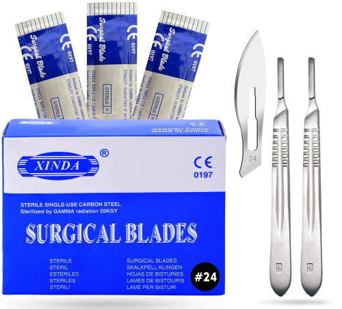 MuskalMed Pack of 100 Blades #24, Scalpel Blades for Knife Scalpel, High Carbon Steel Dermablade Blades. Individually Wrapped, Sterile + Free 2 Handle #4