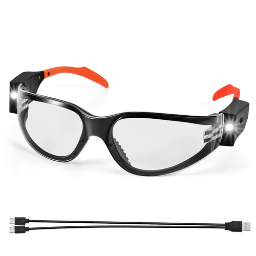 Lampim Rechargeable LED Safety Glasses for Mechanics - Ultra-Bright Built-in Cordless Work Light, Clear Anti-Fog Transparent Lenses, Ideal for Auto Repair, Under-Hood Tasks & Dark Workspaces​