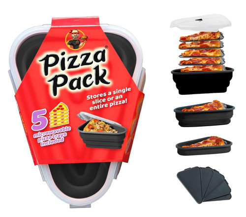 The Perfect Pizza Pack™ - Reusable Pizza Storage Container with 5 Microwavable Serving Trays - BPA-Free Adjustable Pizza Slice Container to Organize & Save Space, Black