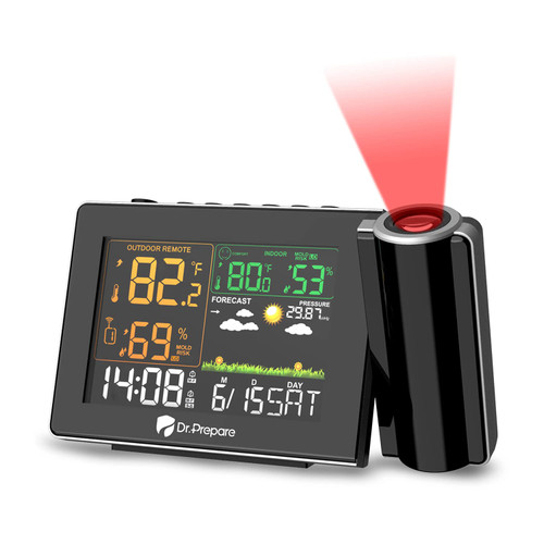 DR.PREPARE Projection Alarm Clock, Adjustable Projection Focus, Wireless Indoor Outdoor Temperature Humidity Monitor, 180° Projector, Snooze, Weather Forecast, Dual Alarms for Bedroom, Heavy Sleeper