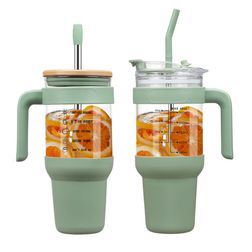 Chunmo 40 oz Glass Tumbler with 2 Lids - Bamboo Straw Lid & 2-in-1 Sip and Flip Straw Lid, Iced Coffee Cup with Handle, Glass Water Bottle with Silicone Sleeve, BPA Free - 1 Pack