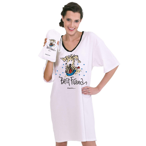 Emerson Street Clothing Co. | Best Friend Dog | Whimsical Printed Women's Nightshirt in 100% Cotton White