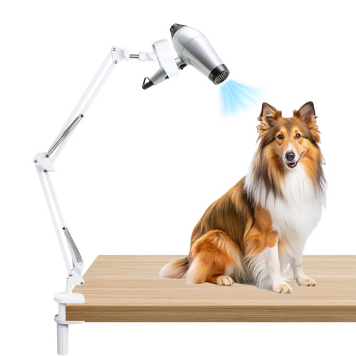 Cheloment Dog Hair Dryer Holder,Blow Dryer Stand for Dog,Hands-Free 360° Rotating Pet Grooming Table Blow Dryer Stand with Adjustable Arm,Dog Tabletop Hair Dryer（White）