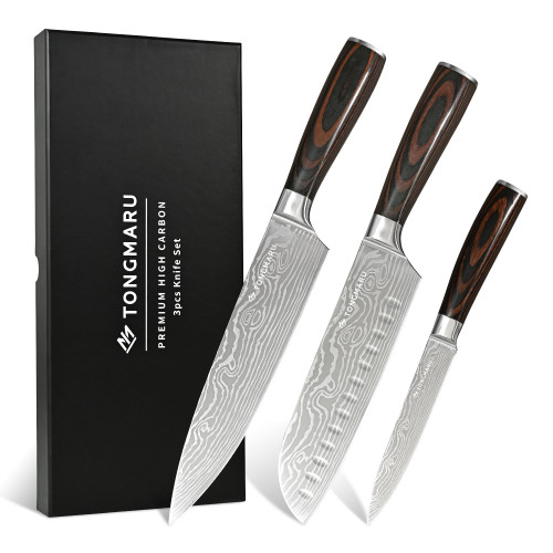 Professional Kitchen Chef Knife sets, Razor Sharp Premium High Carbon German Steel 3 pcs Knife Set, Ergonomic Forged Pakkawood Handle, Chef, Santoku & Utility Knife, With Premium Gift Box, for Family