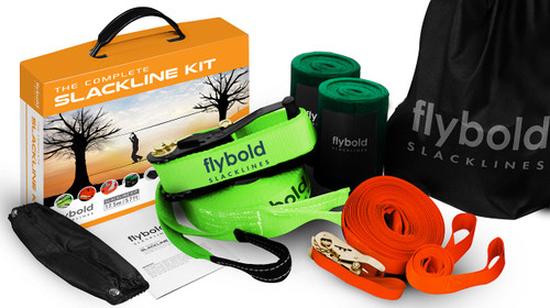 flybold Slackline Kit for Kids and Adults - 57 ft Balance Rope with Training Line, Tree Protectors, Arm Trainer, Ratchet Cover, and Carry Bag - Ideal for Tightrope Walking and Slackline Zipline