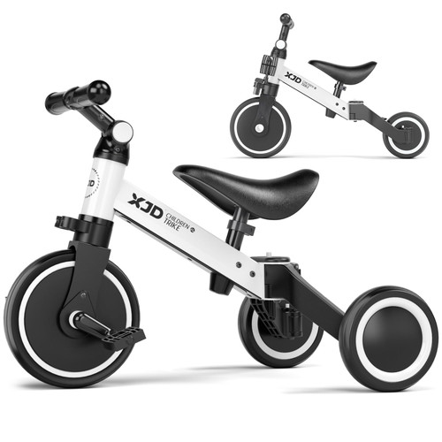 XJD 5 in 1 Toddler Bike, Tricycle for Toddlers 1-3 with Adjustable Seat Height, Removable Pedals, Ideal Balance Bike Birthday Gifts and Toys for Boys and Girls (White)