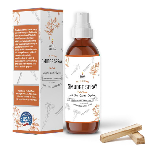SOUL STICKS Palo Santo Smudge Spray – 3.5oz Smokeless Energy Mist with Quartz Crystals – Non-Toxic Cleansing Spray for Room, Meditation, Travel, Spiritual Rituals & Aura Purification