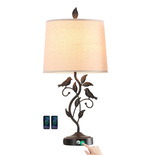 RORIANO 27" Touch Farmhouse Table Lamps for Living Room with 3-Way Dimmable 2 USB Ports, Vintage Rustic Iron Leaf Nightstand Lamp for Bedroom, LED Bulb Included