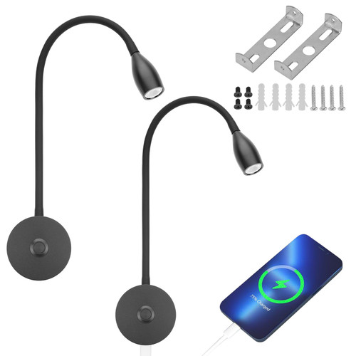 12V LED Reading Light RV Bedside Dimmable Reading Light with USB Charging Port 12 Volt Flexible Gooseneck Lamp for RV Boat Camper Van Travel Trailer Interior Lighting, 2 Pack