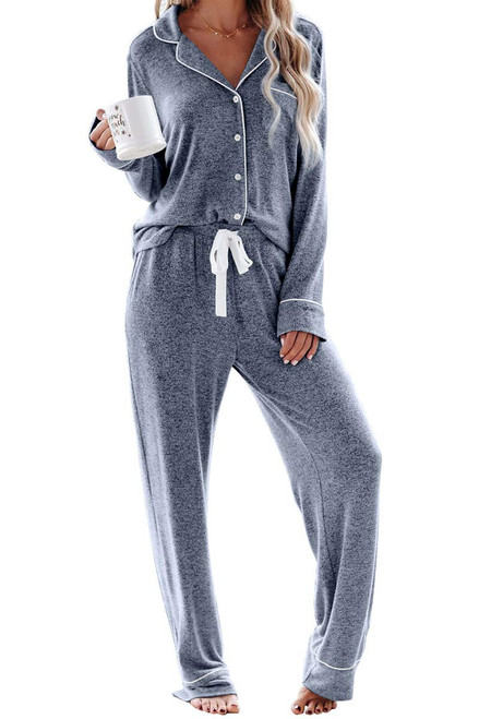 Aamikast Women's Pajama Sets Long Sleeve Button Down Sleepwear Nightwear Soft Pjs Lounge Sets (Small, Blue)