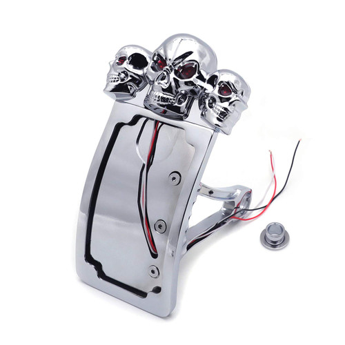 HTTMT- Chrome Curve Side Mount License Plate Bracket w/Skull LED Tail Light 7/8" 1" Axle [P/N: USMT301A-S-CD]