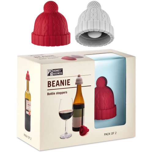Beanie Cap Decorative Silicone Bottle Stopper in a Gift Box, Set of Two, Novelty Cork, Beverage and Wine Keeper, Champagne Bottle stoppers (Red & Grey)