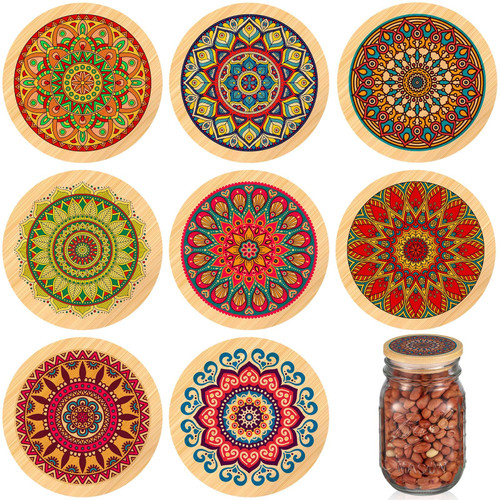 Beeveer 8 Pcs Mason Jar Lids for Regular Mouth Bamboo Mandala Decorative Storage Yogurt Jar Lids 2.76 Inch with Airtight Silicone Sealing Rings Reusable for Round Canning