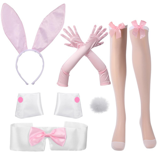 Floraltop Women's Sexy Bunny Costume Set Rabbit Ear Headband Bowtie Cuff Bunny Tail Stocking Adult Cosplay Accessories(Pink)