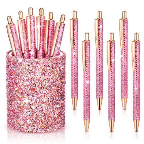 BBTO Bling Sequin Pen Holder with 6 Pcs Sequin Click Pens Cute Glitter Retractable Ballpoint Pens, Pencil Cups for Desk Organizer Makeup Brush Holder for Women Girls Classroom Offices(Pink)