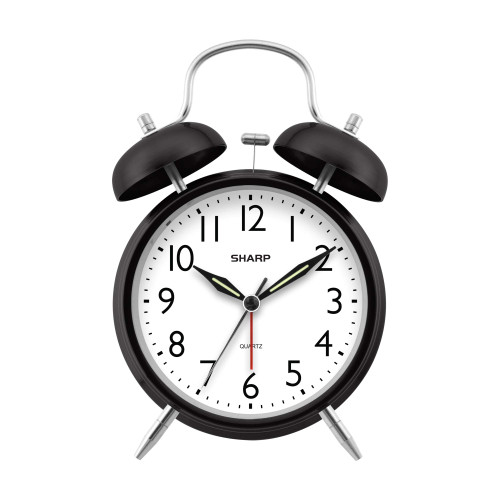 Sharp Twin Bell Alarm Clock - Loud Alarm - Great for Heavy Sleepers - Battery Operated Quartz Analog Clock (Midnight Black)