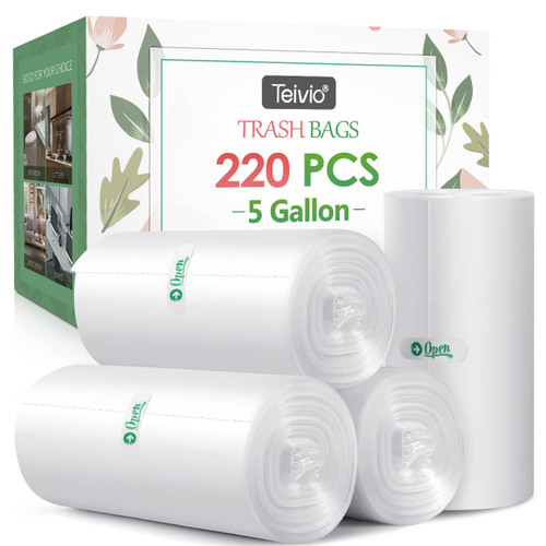 5 Gallon 220 Counts Strong Trash Bags Garbage Bags by Teivio, Bin Liners, for bathroom home office kitchen, 5.5 Gal, Clear