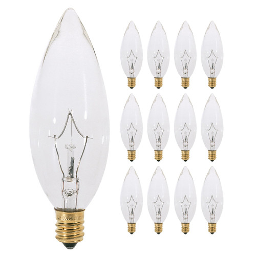 KOR (Pack of 12 CTC Clear Candelabra Base (E12) Straight Torpedo Tip 120V Incandescent Chandelier Light Bulbs (40)