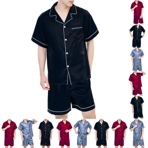 AprBean Satin Silky Men's Pajama Sets Short Sleeve Classic Sleepwear with Pockets Plus Size Lounge Set Pj Set Loungewear (US, Alpha, 3X-Large, Regular, Regular, A-KJ38884)
