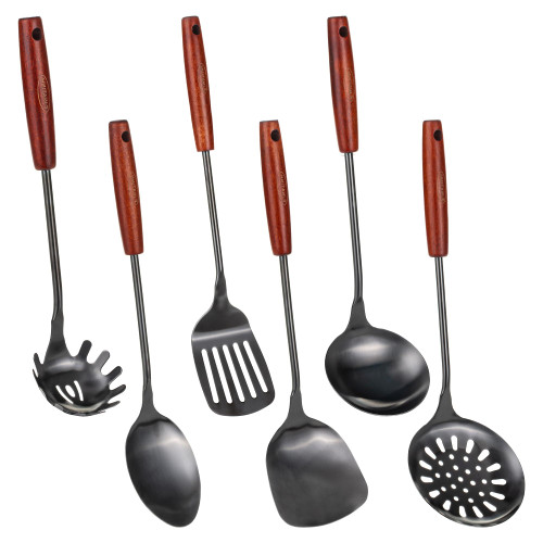 FJNATINH 304 Stainless Steel Kitchen Utensil Sets - 6 PCS Wok Spatula Sets Cooking Utensil Tools Spatula, Soup Ladle, Skimmer Spoon, Slotted Spatula Tunner, Spaghetti Spoon, Large Spoon