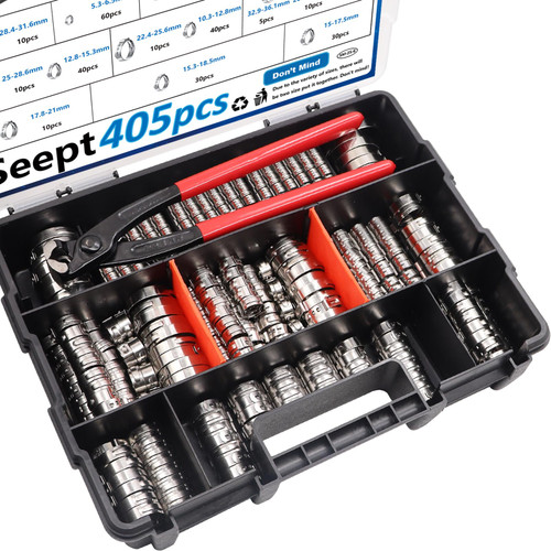 Seept 405Pcs 15-Sizes 304 Stainless Steel Single Ear Hose Clamps with Ear clamp plier 5.3-36.1mm Crimp Hose Clamps Assortment Kit for Auto/Home Appliance/Pipe/Fuel Line