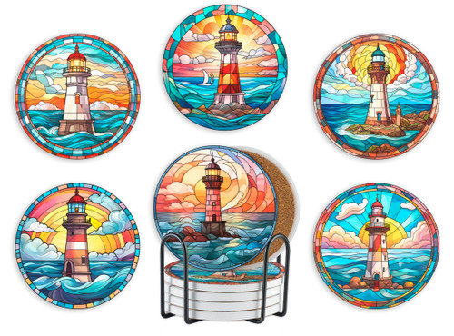 Lighthouse Gifts Coaster, Ceramic, Set of 6, with Gift Box, Absorbent with Cork Base, Home Decor for Family, Housewarming, Thanksgiving, Birthday and Christmas - Lighthouse