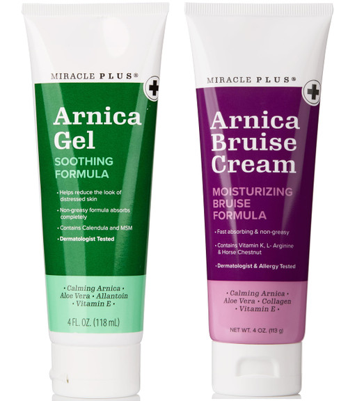 Miracle Plus Arnica Cream Bruise Relief Lotion + Arnica Gel For Bruising And Swelling On Skin | Extra Strength Vitamin K Cream With Horse Chestnut | Moisturizing Bruise Formula Skin Care Gel, 2pc Set
