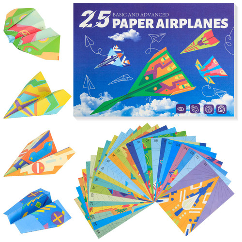 Zuplo Paper Airplane Kit, Paper Planes Book with 25 Classic Designs, 25 Sheets of Colored Origami Kit for Kids Ages 8-12, Airplane Gifts for Boys and Girls, Activity Books for Kids