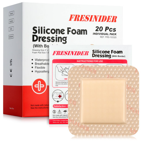 FRESINIDER Silicone Foam Dressing with Adhesive Border – Wound Dressing Bandage – Silicone Foam Pad – Pack of 20 – 3 x 3 Inches Large Waterproof Bandages – Self Adhesive Wound Care and Dressings