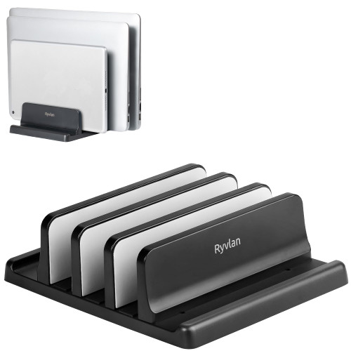 Ryvlan Vertical Laptop Stand, 3 Slot Adjustable Laptop Storage Rack and Desk Organizer, Silicone-Padded Holder for Multiple Devices Storage, Compatible Stand for Tablets and Devices up to 17 Inches