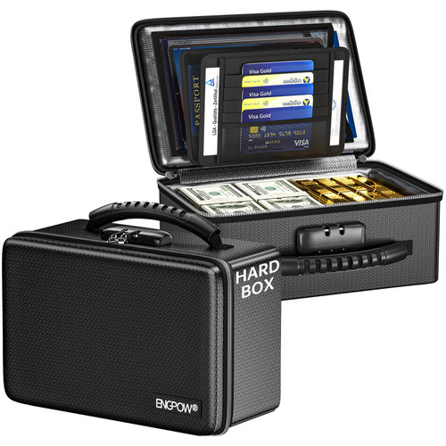 ENGPOW Fireproof Money Box, Small Hard Case Fireproof Box with Fireproof Zipper ＆ Lock, 6400°F Heat Insulated Fireproof Water Resistant Safe Box for Cash, A5 Document, Passport and More, Black