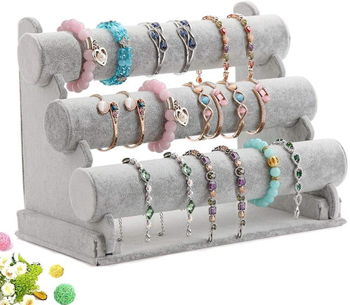 Wudygirl Triple Bracelet Holder Velvet Jewelry Display Stand Watch Bangle Bar Necklace Storage Organizer Gray (Ice Velvet 3 Tier)