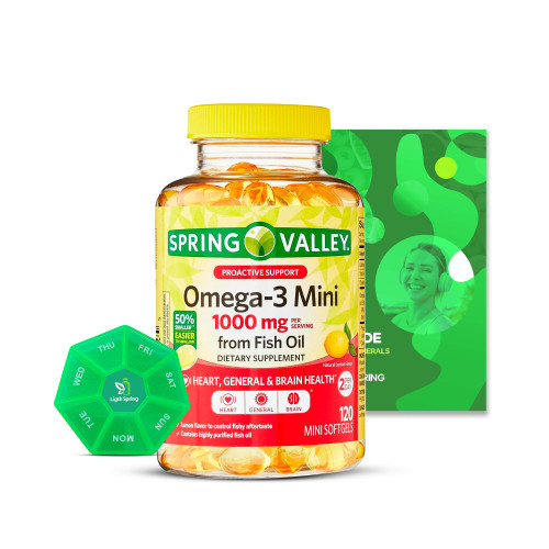 Spring Valley Omega-3 Mini Fish Oil Softgels, 1000 mg, 120 Count Bundle with Exclusive Vitamins & Minerals A to Z - Better Ligth&Spring Guide (2 Items) Spring Valley Omega-3 Mini Fish Oil Softgels, 1000 mg, 120 Count Bundle with Exclusive Vitamins & Minerals A to Z - Better Ligth&Spring Guide (2 Items)
