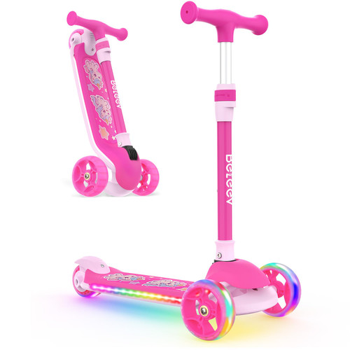 BELEEV Kids Scooter with LED Light-Up Wheels & Deck, 3 Wheel Folding Scooter for Toddlers Girls Boys Ages 3-12, Adjustable Handlebar, Lean to Steer, Extra Wide Wheel, Kick Scooter for Children (Pink)