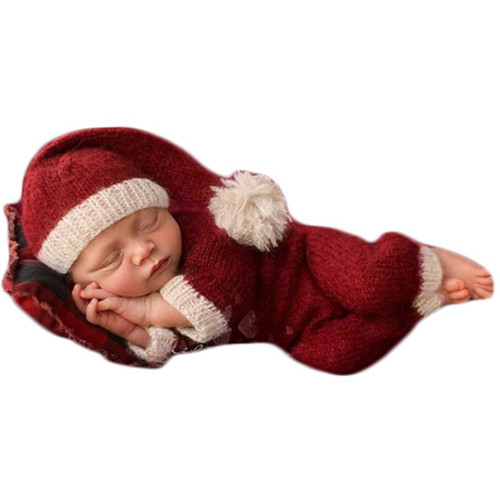 Christmas Newborn Baby Photo Shoot Props Outfits Crochet Clothes Santa Claus Red Hat Footed Pants Photography Props(red)