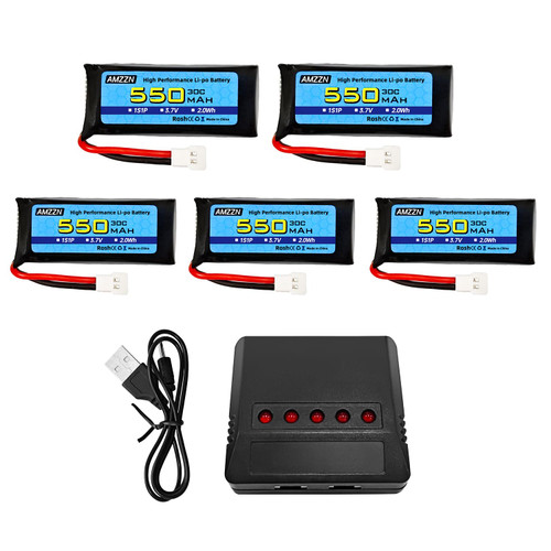 AMZZN 5PCS 3.7V 550mAh 30C Lipo Battery Molex-2P Plug with 5-in-1 Charger for SYMA X5C X5SW Hubsan H107C H107D UDIRC U12S WLtoys XK A100 A120 RC Drone (5PCS Battery+5-in-1 Charger)