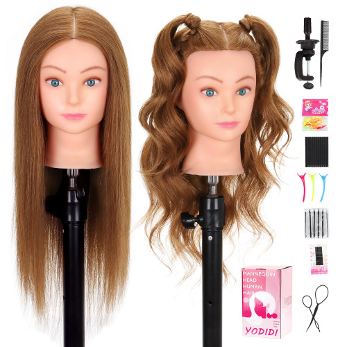 Mannequin Head Human Hair 22"-24" Female 100% Human Hair Mannequin Head Hair Styling Cosmetology Manikin Head Doll Head for Hairdresser with Clamp Holder and Tools (light brown)