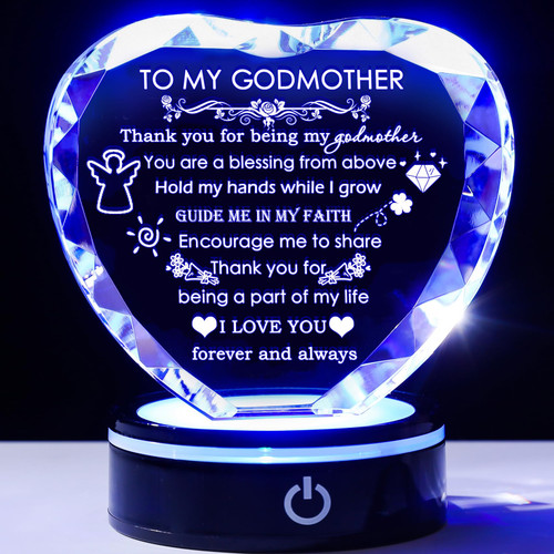 YWHL Godmother Gifts from Godchild with Colorful LED Base Best Heart Crystal Keepsakes Godmother Gift Idea from Goddaughter Godson for Mothers Day, Christmas, Birthday, Thanksgiving