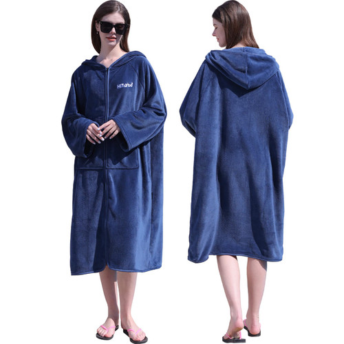 Hiturbo Surf Poncho Zipper Towel Hoodie: Oversized Hooded Wetsuit Changing Robe with Pocket - Plush Coral Fleece Swimwear for Home Beach Pool Bath - Navy