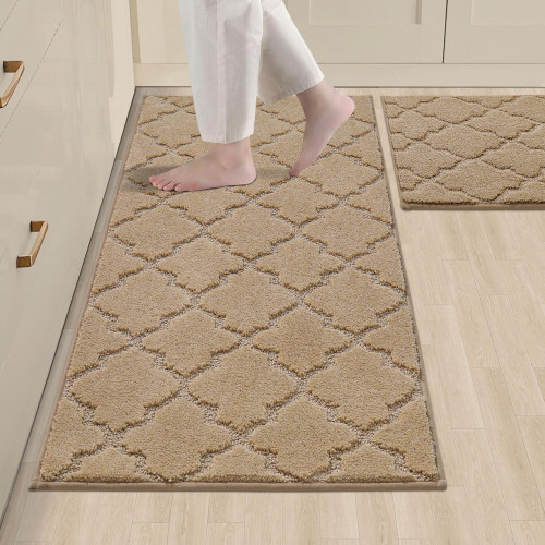 COSY HOMEER Soft Kitchen Rugs [2 PCS] for in Front of Sink Super Absorbent Kitchen Floor Mats and Mats 20x30 Inch/20X48 Non-Skid Kitchen Mat Standing Mat Washable,Polyester,Beige