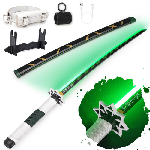 RENGENG Light Up Sanemi Sword, 40 Inches Rechargeable Plastic Anime Replica with Belt & Stand, Original Texture Anime Sword