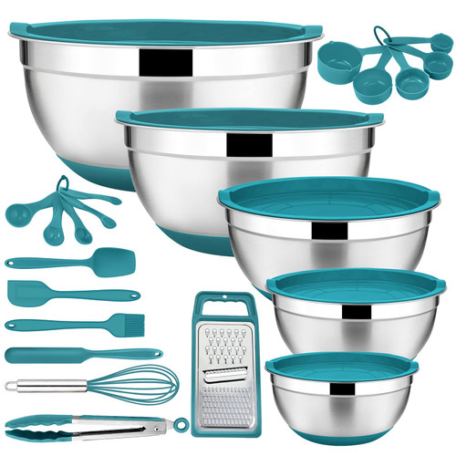 22-Piece Mixing Bowls with Teal Blue Lids & Accessories Set, E-far Stainless Steel Nesting Bowls with Covers & Non-Slip Bottoms, Metal Bowls for Cooking/Baking/Serving/Storage -Size 7/3.5/2.5/1.5/1 QT
