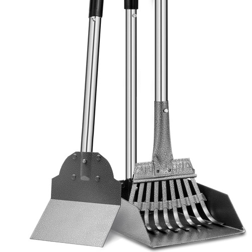 Dog Pooper Scooper, Tray Rake and Spade 3 Pack Poop Scoop Adjustable Long Handle Metal with Bin for Pet Waste Removal, No Bending Clean Up for Large and Small Dogs