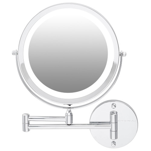 OVENTE Wall Mounted Lighted Makeup Mirror, 9" Double Sided 1X/7X Magnifying Vanity Mirror for Bathroom with LED Lights, Cordless, 360° Rotation and 13" Extendable Arm, Polished Chrome MFW85CH1X7X