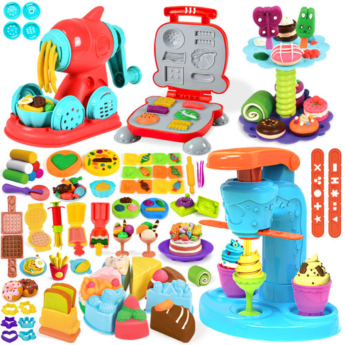 SOCBTNSO 4 in 1 Dough Sets 75 PCS for Kids Ages 4-8, Dough Tools Kit with Ice Cream Noodle Hamburger Maker Machine, Dessert Rack, Kitchen Creations Art Crafts Food Play Toys for Boys Girls Ages 3+
