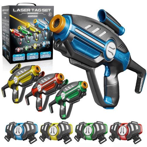 Laser Tag Set for Kids, Teens & Adults - 4 Blasters + 4 Vest Sensors with 4 Multi-Game Modes - Fun Ideas Age 8+ Year Old Toys - Includes Accessories - Boys & Girls Outdoor Teenage Group Activities