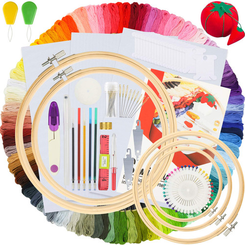 Similane Embroidery Kit 215 Pcs,100 Colors Threads,5 Pcs Embroidery Hoops,3 Pcs Aida Cloth,40 Sewing Pins,Cross Stitch Tools and Embroidery Starter Kit for Adults Beginners