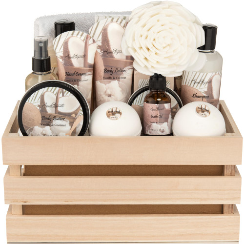 Bath Spa Gift Sets - Luxury Basket With Coconut & Vanilla - Spa Kit Includes Wash, Bubble Bath, Lotion, Bath Salts, Body Scrub, Body Spray, Shower Puff, Bathbombs, Soap and Towel