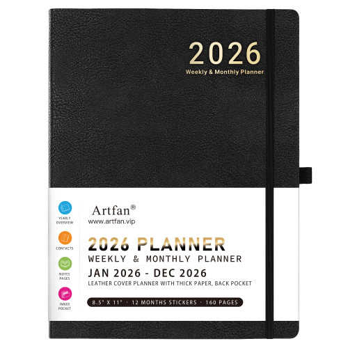 Artfan 2026 Planner - JAN 2026 - DEC 2026, 2026 Planner Weekly and Monthly, Calendar Planner, Leather Cover Planner with Pen Holder, Thick Paper, Notes Pages - Black (8.5" x 11", Back Pocket)